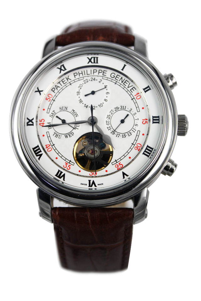Réplique Patek Philippe Astronomical Celestial Double Dial Silver Case with White Dial and Brown Leather Stra