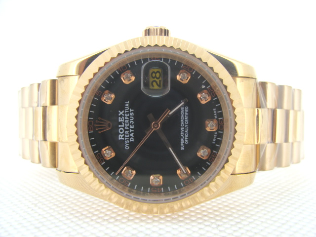 Réplique Replique Rolex Datejusts Oyster Perpetual 18k Gold Full 18K Gold Black Dial Diamond Hour markers RX56