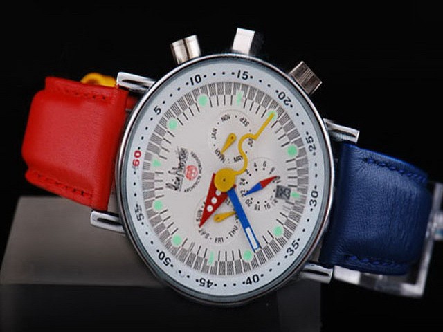 Alain Silberstein White Dial and Bezel-Red and Blue Leather Strap Montre
