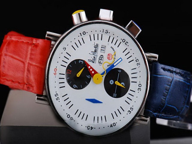 Alain Silberstein White Dial and Black Marking-Red and Blue Leather Strap Montre