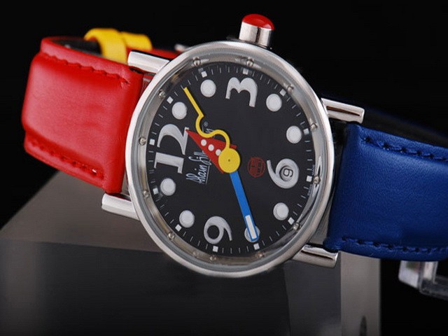 Alain Silberstein Black Dial and White Marking-Red and Blue Leather Strap Montre