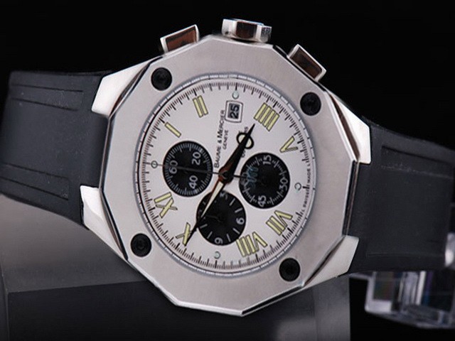 Baume & Mercier White Dial and Bezel,Yellow Marking and Rubber Strap Montre
