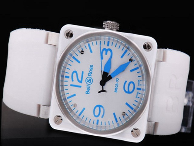 Bell&Ross White Ceramic Plate with White Dial-Blue Marking and White Bezel-White Rubber Strap Montre