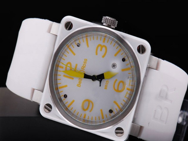 Bell&Ross White Ceramic Plate with White Dial-Orange Marking and White Bezel-White Rubber Strap Montre