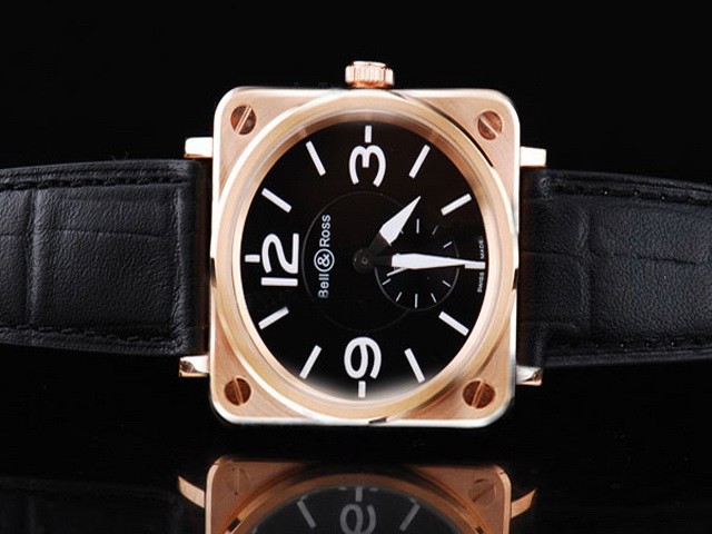 Bell&Ross Black Dial and White Number Marking and Rose Gold Case-Black Leather Strap Montre
