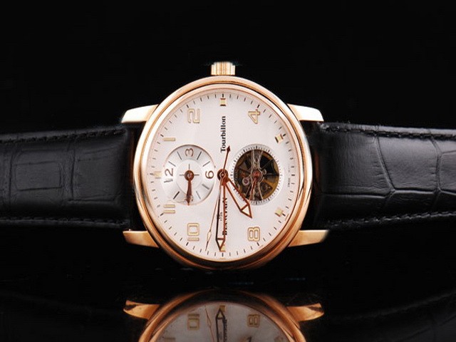BlancPain Rose Gold Case with White Dial-Numeral Markers and Black Leather Strap Montre