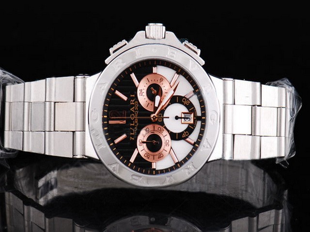 Bvlgari Black Stripe Dial and Rose Gold Marking-Small Calendar-White Strap Montre