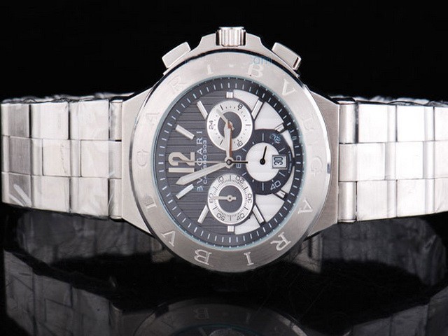 Bvlgari Black Stripe Dial and small calendar-White Bezel with Bvlgari logo-white strap Montre