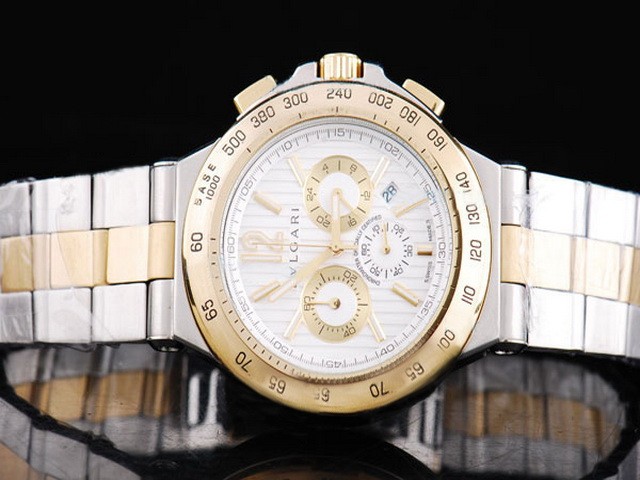 Bvlgari Gold Bezel with White Case and White Dial--Small Calendar-Stainless steel with Gold Strap Montre