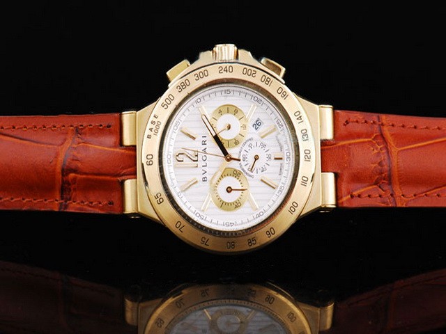 Bvlgari Gold Bezel and Case with White Dial and Small Calendar-Brown Leather Strap Montre
