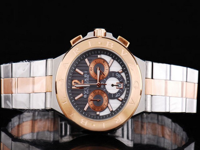 Bvlgari Gold Bezel with Black Stripe Dial-Rose Gold Marking-Small Calendar-Stainless Steel with Gold Strap Montre
