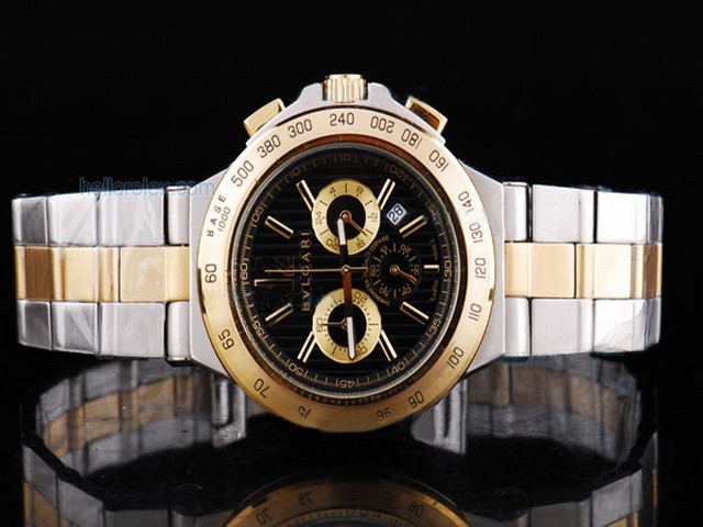 Bvlgari Gold Bezel with Black Dial and Small Calendar-Stainless with Gold Strap Montre