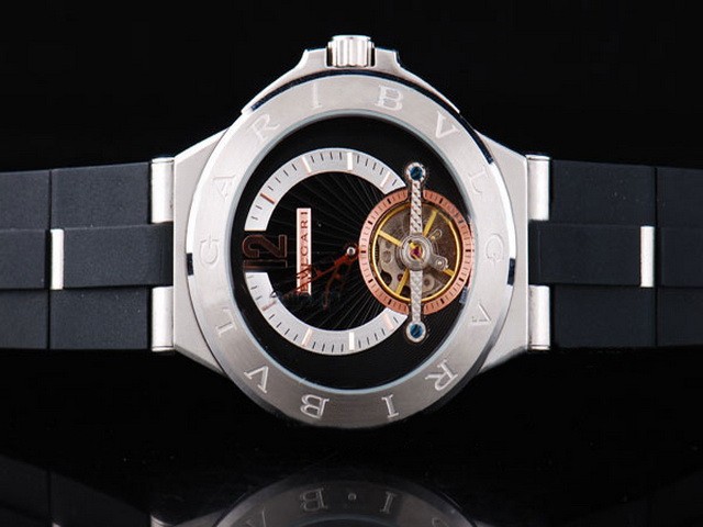 Bvlgari Black Dial And White Case And Bezel-Black Rubber With Stainless Steel Links Strap Montre