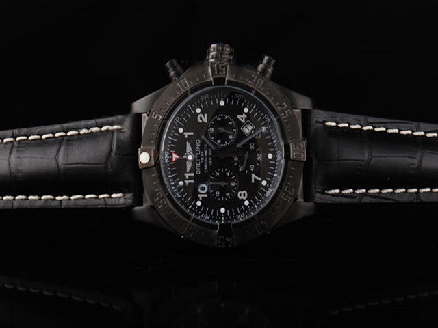 Breitling Automatic Movement PVD Case Black Dial and Grey Numeral Marker-Black Leather Strap Montre