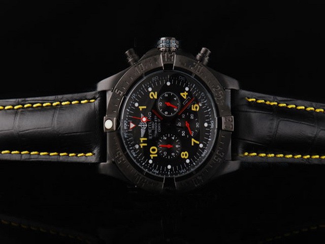 Breitling Automatic Movement PVD Case Black Dial and Yellow Numeral Marker-Black Leather Strap Montre