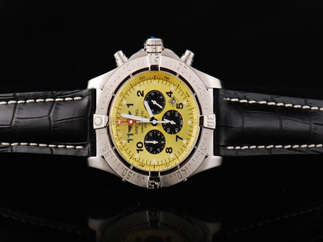 Breitling Automatic Movement Yellow Dial with Black Subdials and Numeral Marker-Black Leather Strap Montre