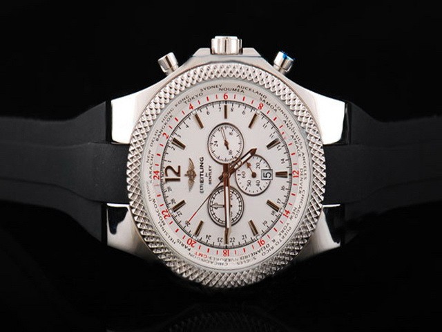 Breitling Chronograph Quartz Movement Silver Case White Dial and Silver Stick Marker-Black Rubber Strap Montre
