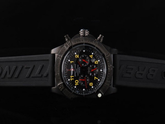 Breitling Automatic Movement PVD Case Black Dial and Yellow Numeral Marker-Black Rubber Strap Montre