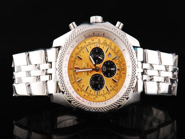Breitling Chronograph Quartz Movement Honeycomb Bezel With Yellow Dial and Black Subdials/Silver Stick Marker-SS Strap Montre
