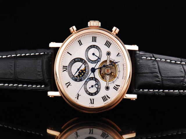 Breguet Rose Gold Case with White Dial-Roman Markers and Black Leather Strap Montre
