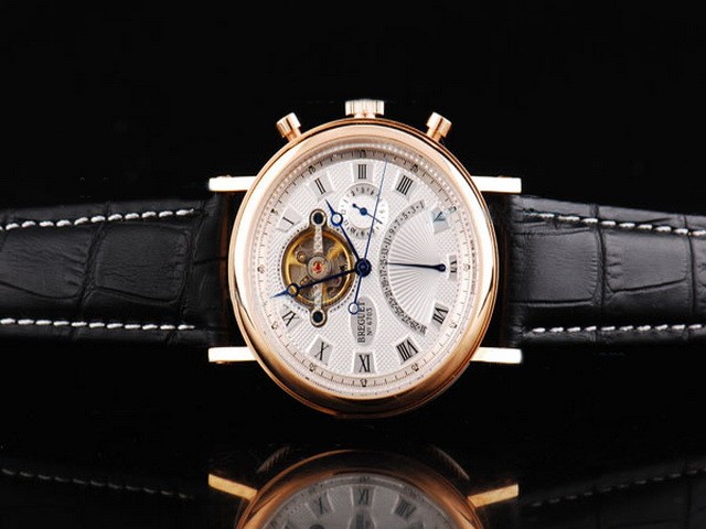 Breguet Rose Gold Case with White Dial-Black Roman Markers and Black Leather Strap Montre
