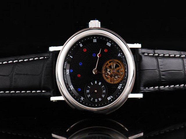 Breguet Silver Case with Black Dial-White Roman Markers and Black Leather Strap Montre