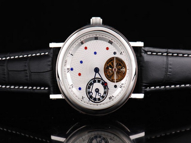 Breguet Silver Case with White Dial-Black Roman Markers and Black Leather Strap Montre
