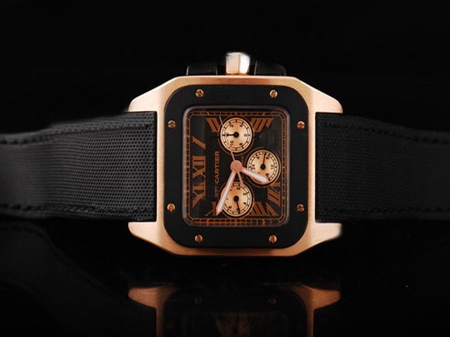 Cartier Santos Black Dial and RG Rome Numeral Marker/Subdials-Black Leather Strap Montre