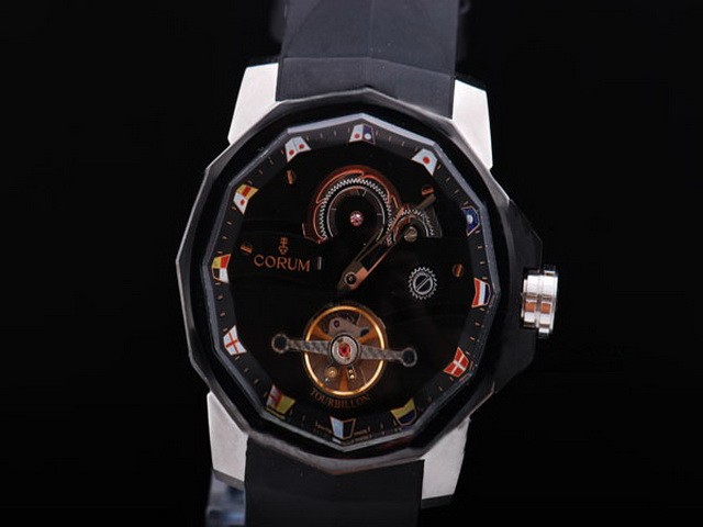 Corum Rose Gold Case and Bezel with Black Dial and Rubber Strap Montre
