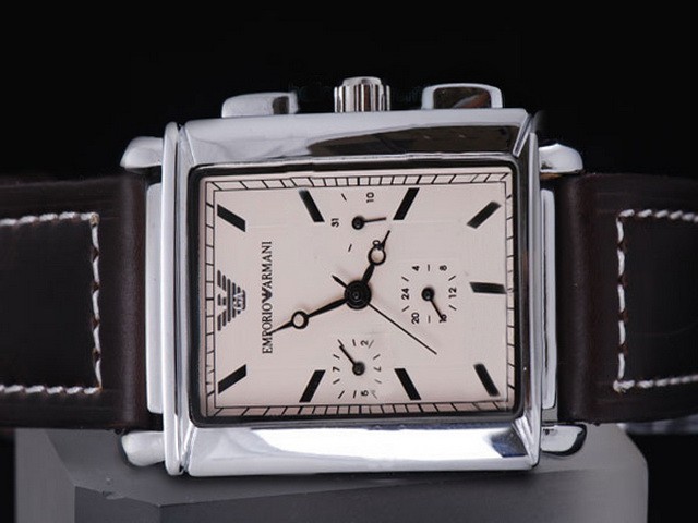 Emporio Armani Beige Dial-Black Marking and White Bezel-Leather Strap Montre