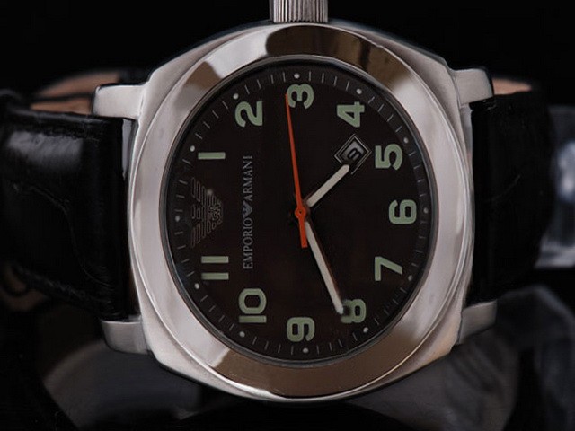 Emporio Armani Black Dial-Green Marking and White Bezel-Leather Strap Montre