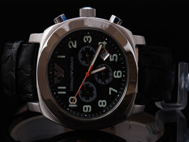 Emporio Armani Black Dial-Green Marking and White Bezel-Leather Strap Montre