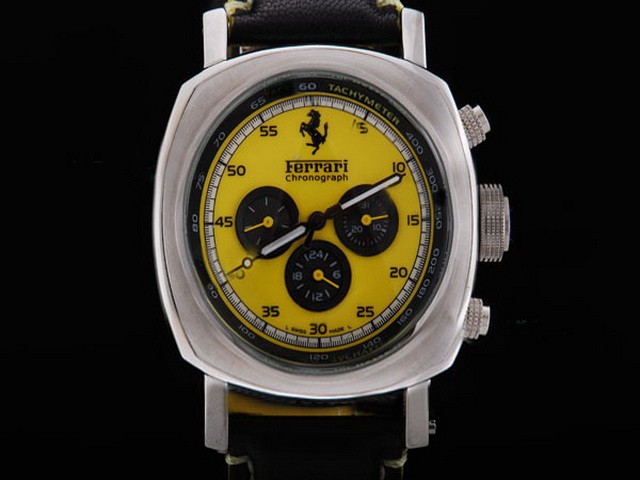Ferrari Sliver Case and Yellow Dial-Leather Strap Montre