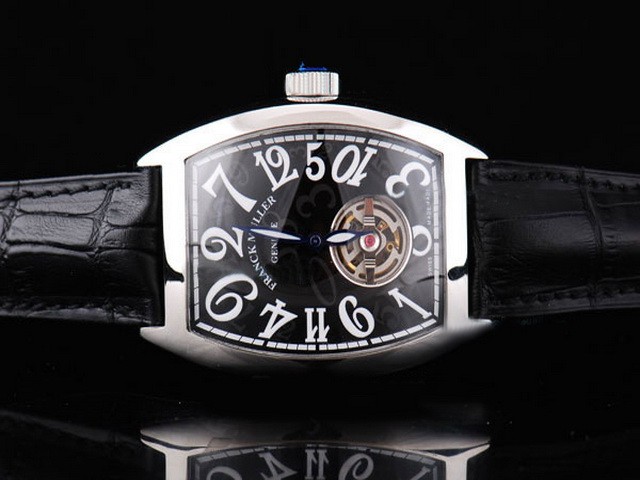 Franck Muller Black Dial and Silver Case-Black Leather Strap Montre