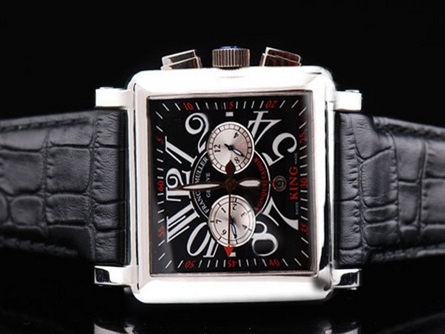 Franck Muller Black Dial and Silver Case-Black Leather Strap Montre