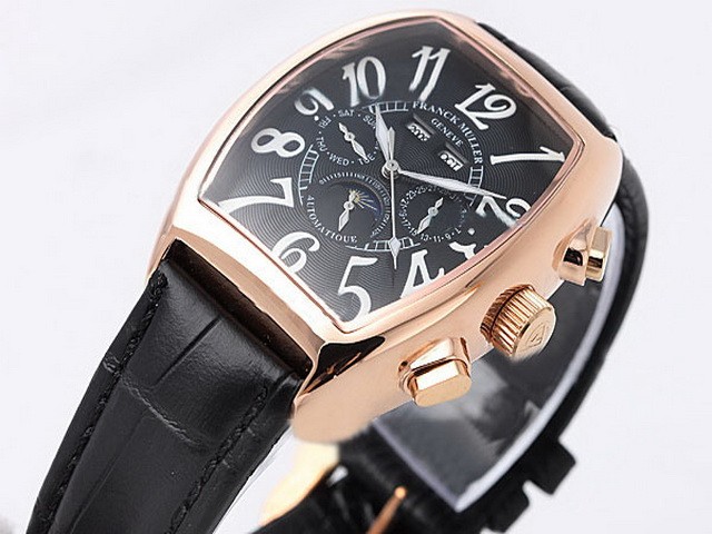 Franck Muller Black Dial-Gold Bezel and White Number Marking-Black Leather Strap Montre