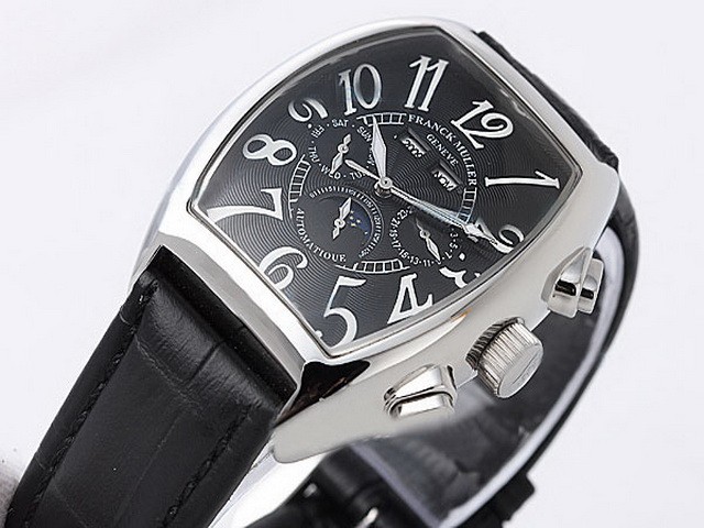 Franck Muller Black Dial-White Bezel and White Number Marking-Black Leather Strap Montre