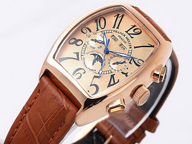 Franck Muller Gold Dial-Gold Bezel and Black Number Marking-Brown Leather Strap Montre