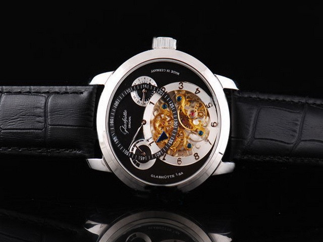 Glashutte Black Dial and Silver Case-Leather Strap Montre