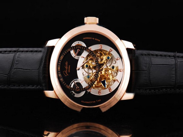 Glashutte Rose Gold Case Black Dial and Black Leather Strap Montre
