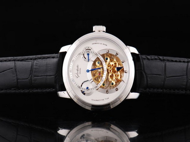 Glashutte Silver Case White Dial and Black Leather Strap Montre