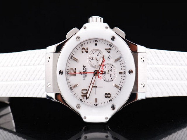 Hublot White Ceramic Bezel,White Dial and Silver Number Marking-White Rubber Strap Montre