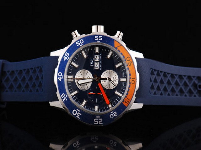IWC Aquatimer Silver Case with Blue/orange Bezel-Blue Dial and White Stick Marker-Blue Rubber Strap Montre