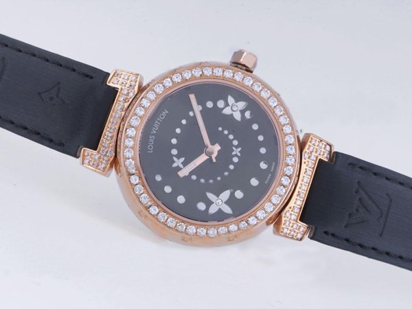 Louis Vuitton Tambour Rose Gold Case Diamond Bezel with Black Dial Montre