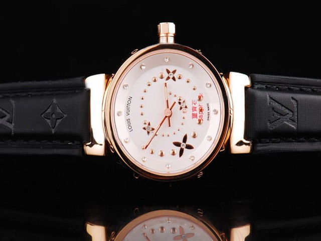 Louis Vuitton Others White Dial and Rose Gold Case-Black Leather Strap Montre