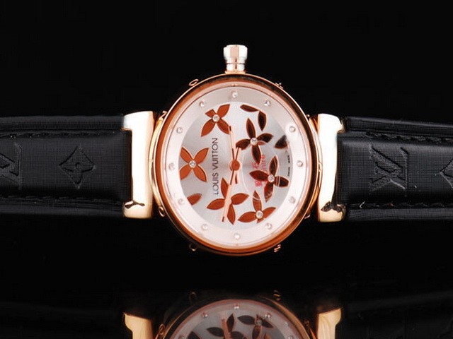 Louis Vuitton Others Rose Gold Case with Silver and diamonds Dial-Black Leather Strap Montre