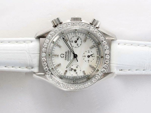 Omega Speedmaster Diamond Bezel and Marking with White Dial and Strap Lady Size Montre