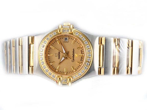 Omega Constellation Diamond Bezel with Golden Dial-Lady Size Montre