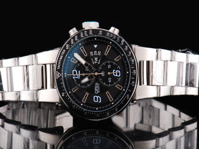 Oris Quartz Movement Silver Case with Black Bezel-Black Dial and SS Strap Montre
