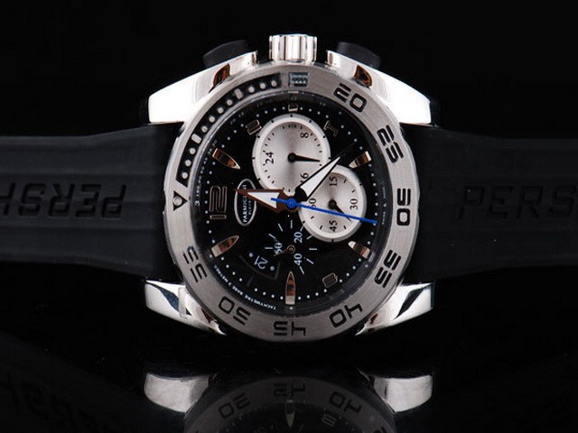 Parmigiani Black Dial and White Bezel and Case--Big Date-Black Rubber Strap Montre Parmigiani Black Dial and White Bezel and Case--Big Date-Black Rubber Strap Montre